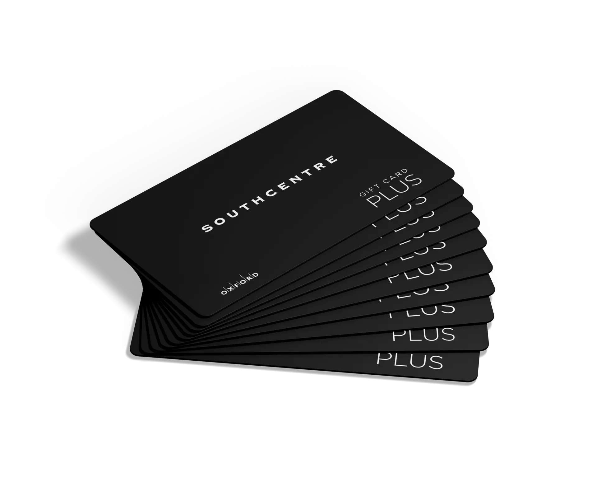 Fan of black Southcentre Gift Card Plus cards on a white background
