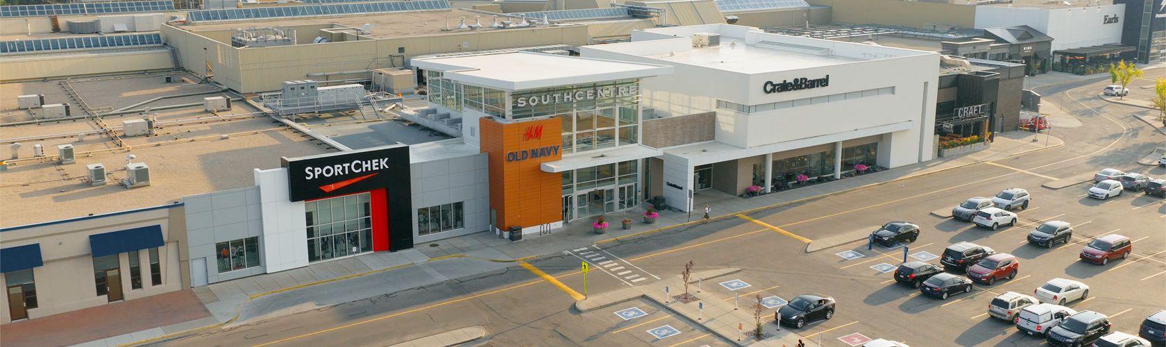 Aerial view of Southcentre entrance with SportChek and Crate & Barrel