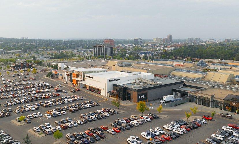 Aerial view of Southcentre mall with Crate & Barrel and Craft stores