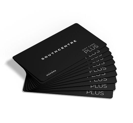 Fanned-out stack of black Southcentre Plus gift cards on white