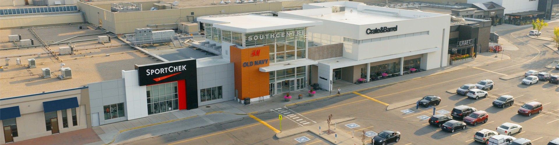 Aerial view of the Southcentre entrance with Sport Chek, H&M and Crate & Barrel