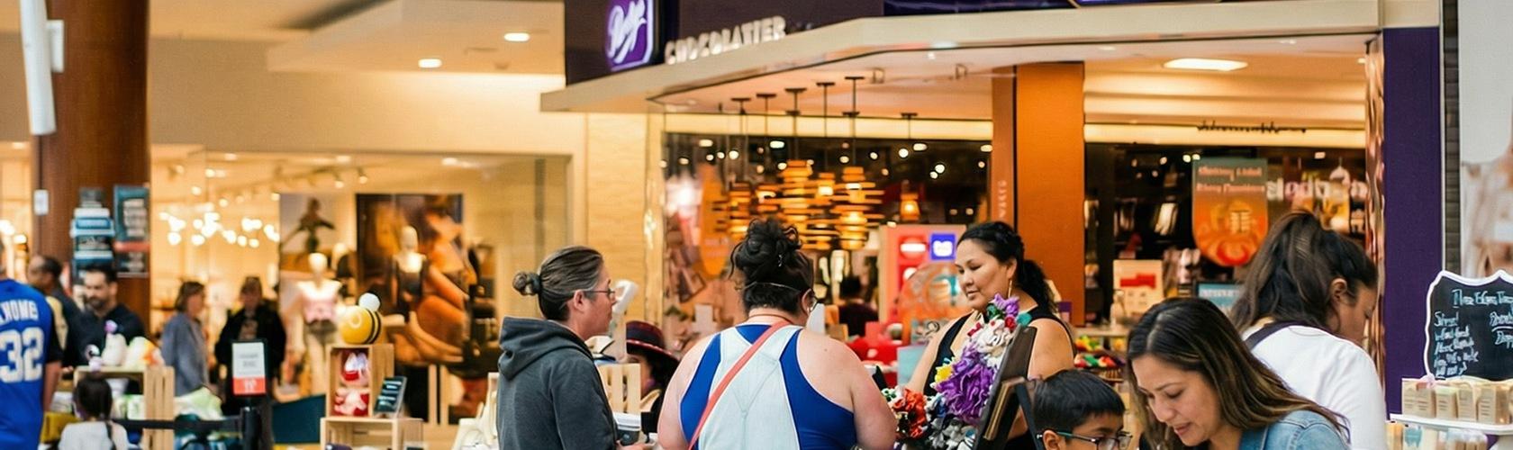 Shoppers browsing local vendor booths at an indoor market outside a chocolatier