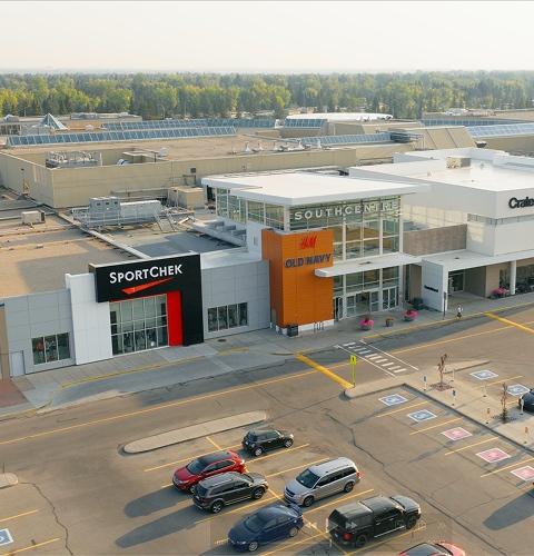 Aerial view of the Southcentre entrance with Sport Chek, H&M and Crate & Barrel