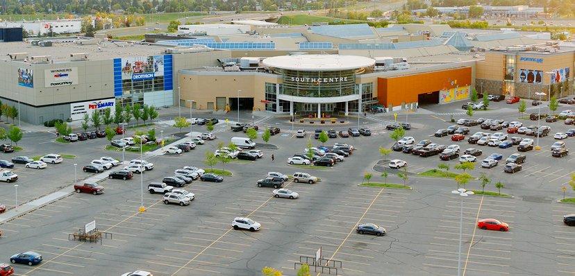 Aerial view of Southcentre mall entrance and busy parking lot