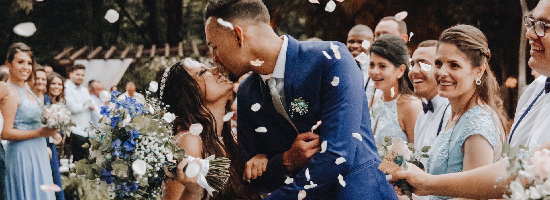 Wedding celebration with falling flower petals