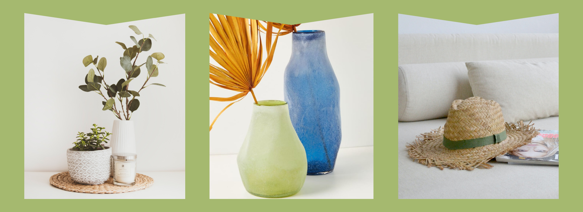 White vase, Blue & Green glass vases, straw sun hat