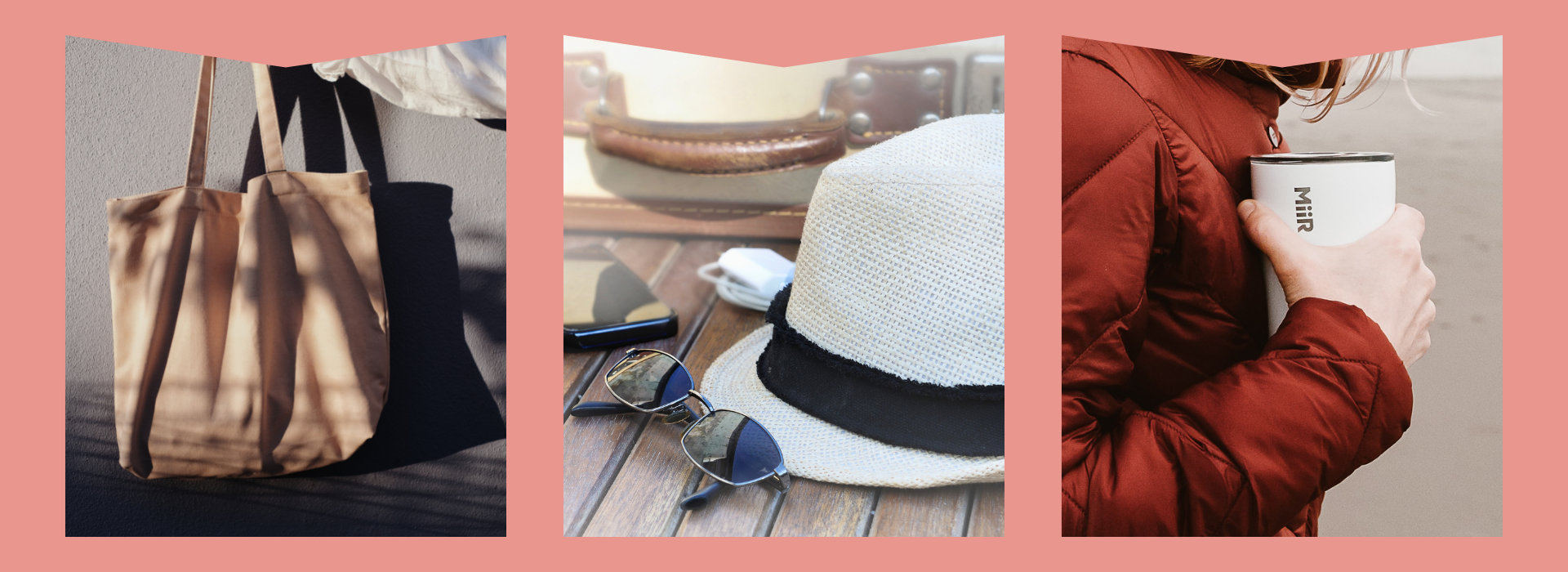 Tote bag, hat on table, coffee tumbler