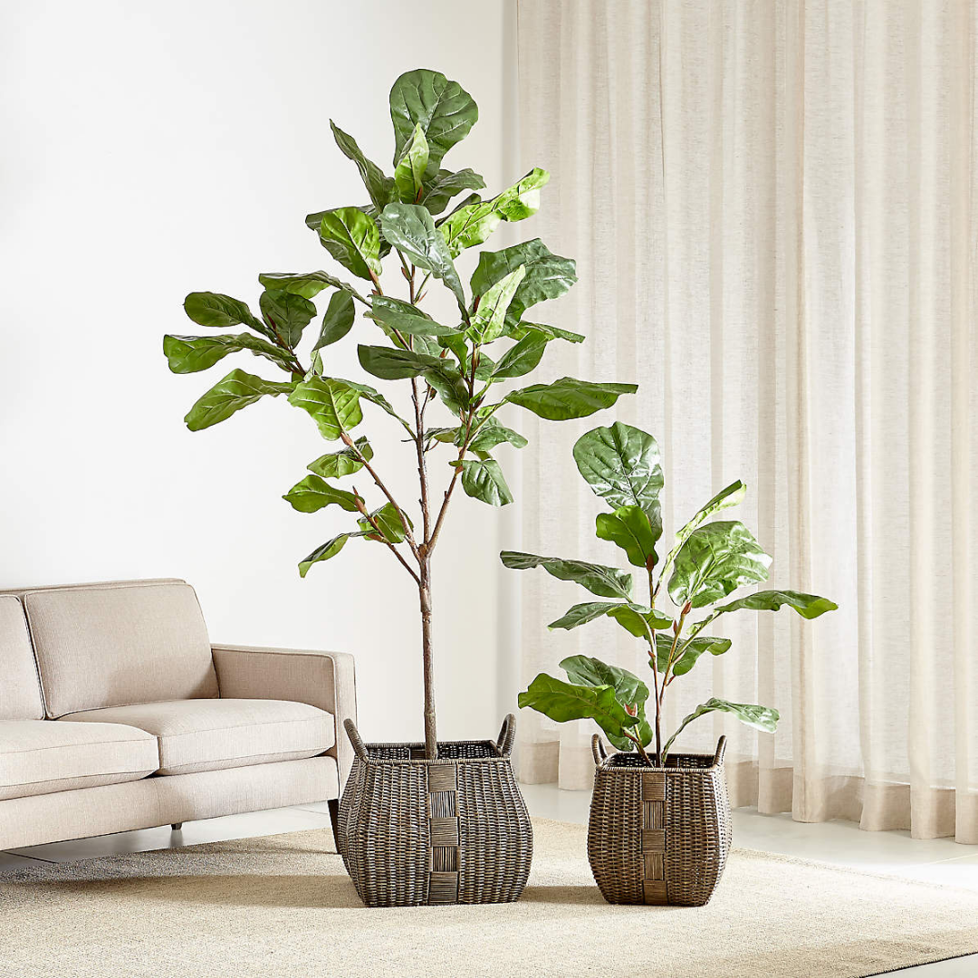 Two faux leafy plants in a woven basket