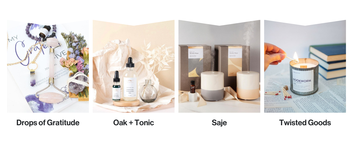 Self-care items from Drops of Gratitude, Oak + Tonic, Saje and Twisted Goods