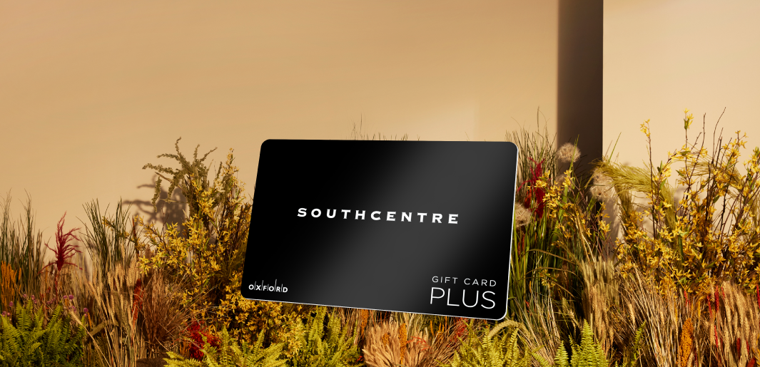 promotional image of a black Southcentre gift card atop fall foliage