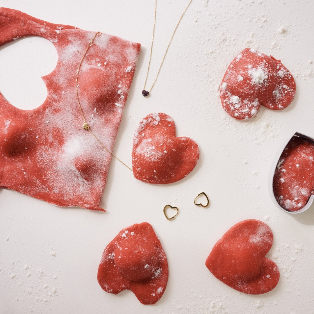 heart shaped red pasta and heart shaped jewelry