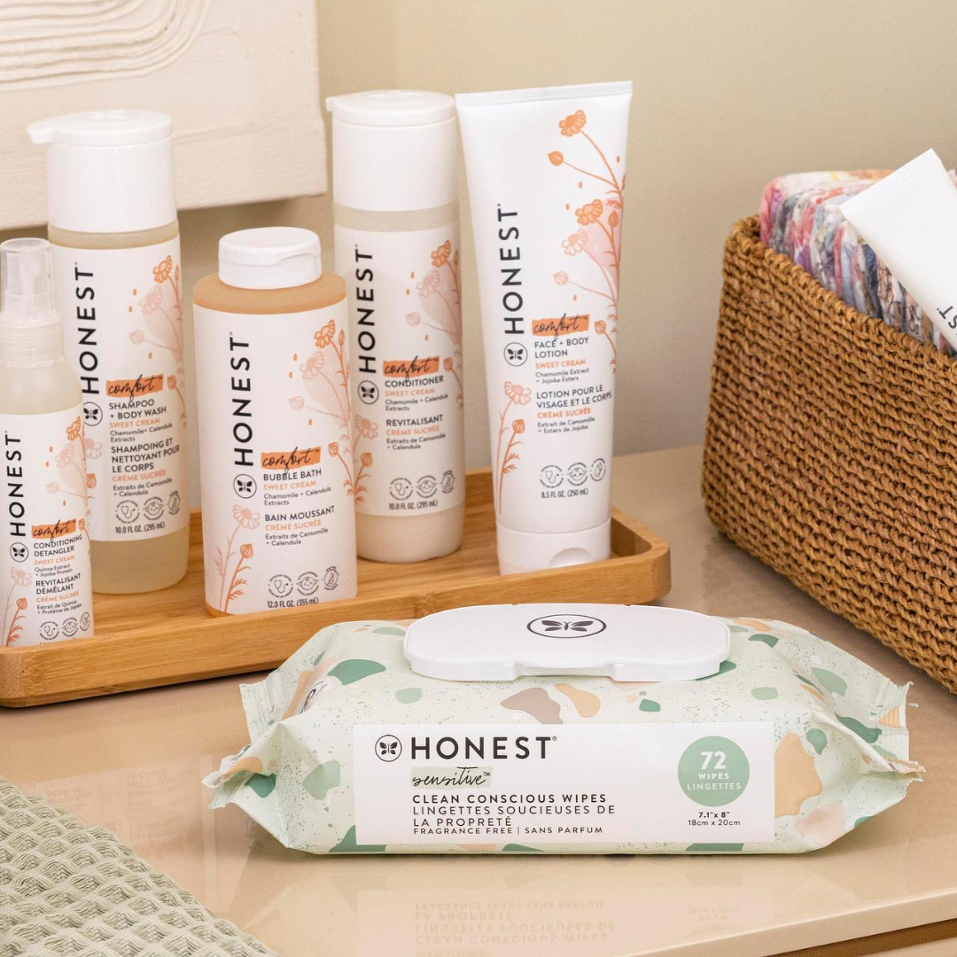 The honest company cleansing products in bottles and wipes