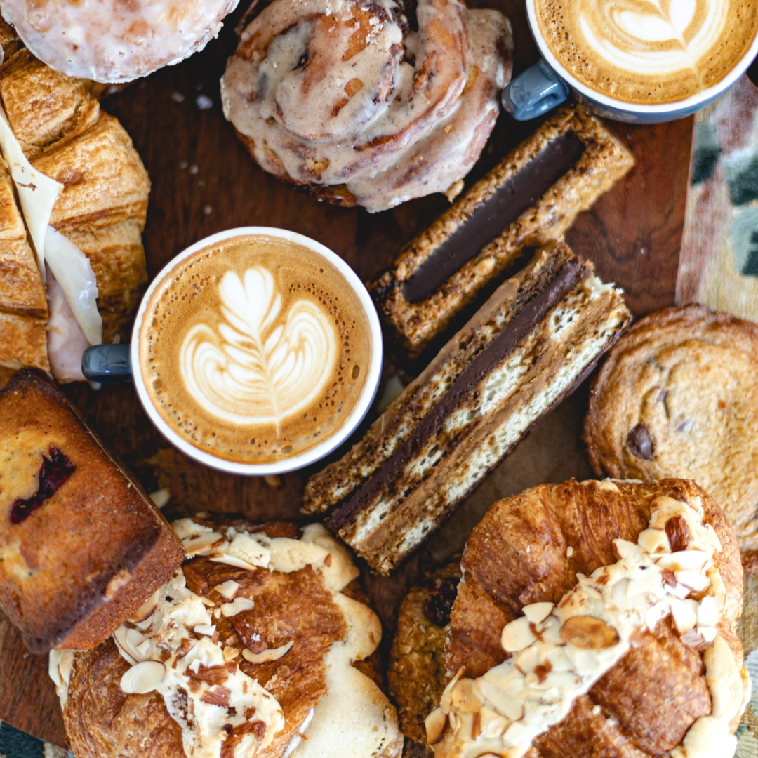 latte and baked pastries