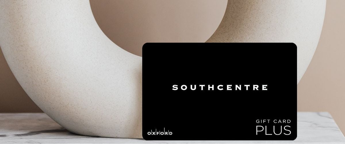 Black Southcentre Gift Card with Oxford Gift Card Plus. Neutral Vase Background.