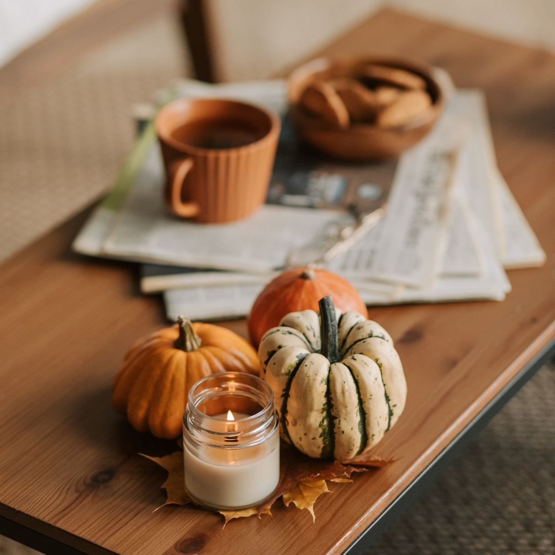 pumpkin decor on a coffee table