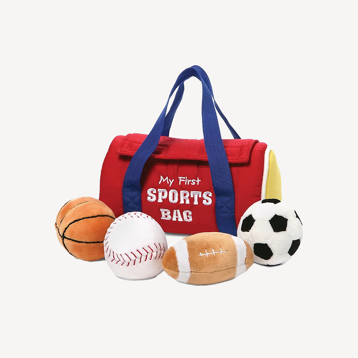 Red sports bad with four different plush sports balls