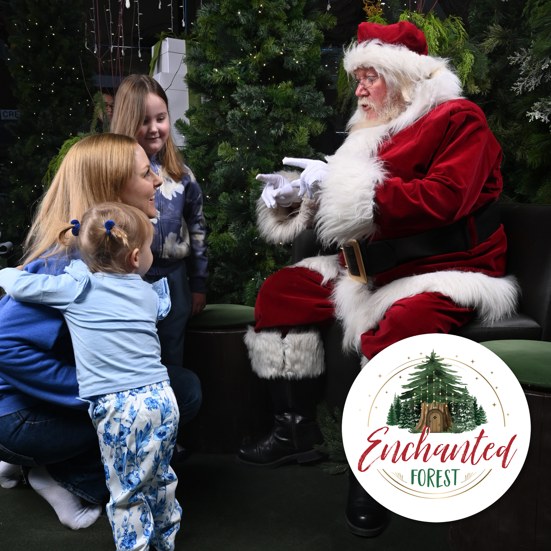 Santa Claus at the enchanted forest interacting with young children